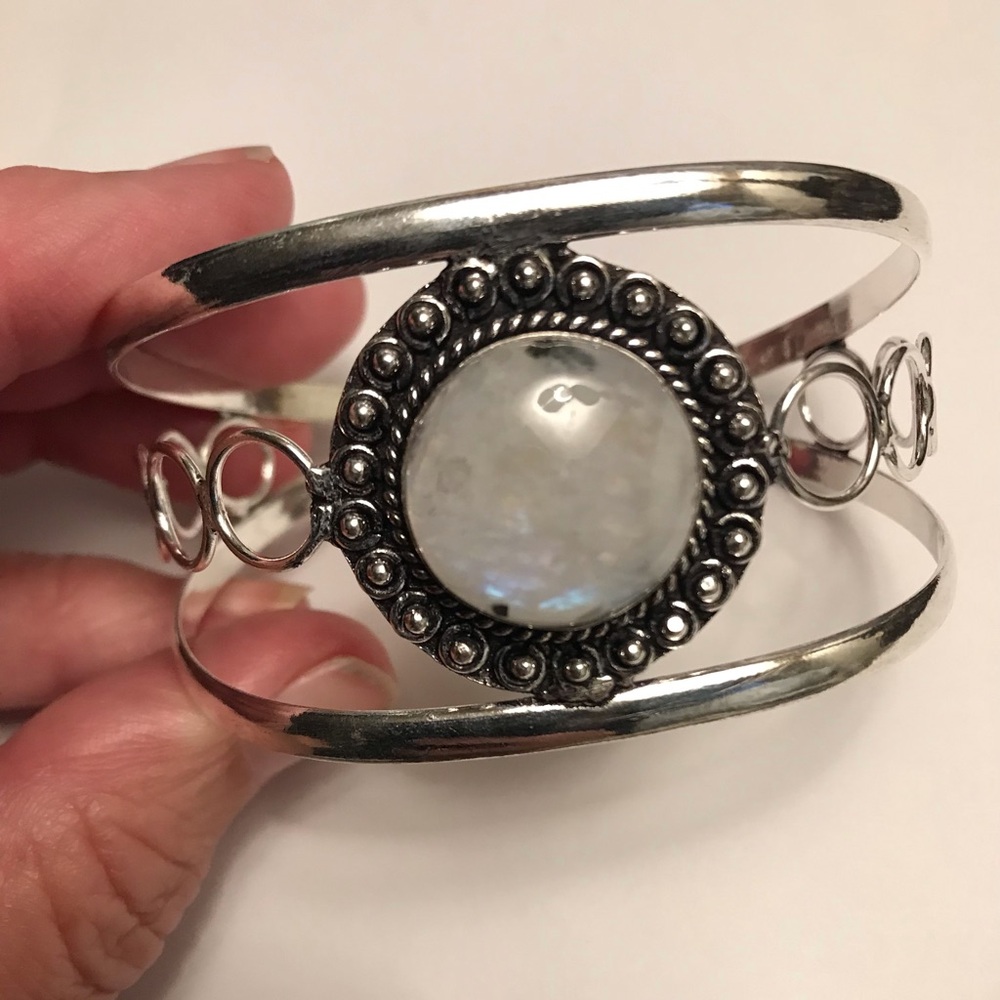 Moonstone Stamped 925 Sterling Silver Cuff Bracelet